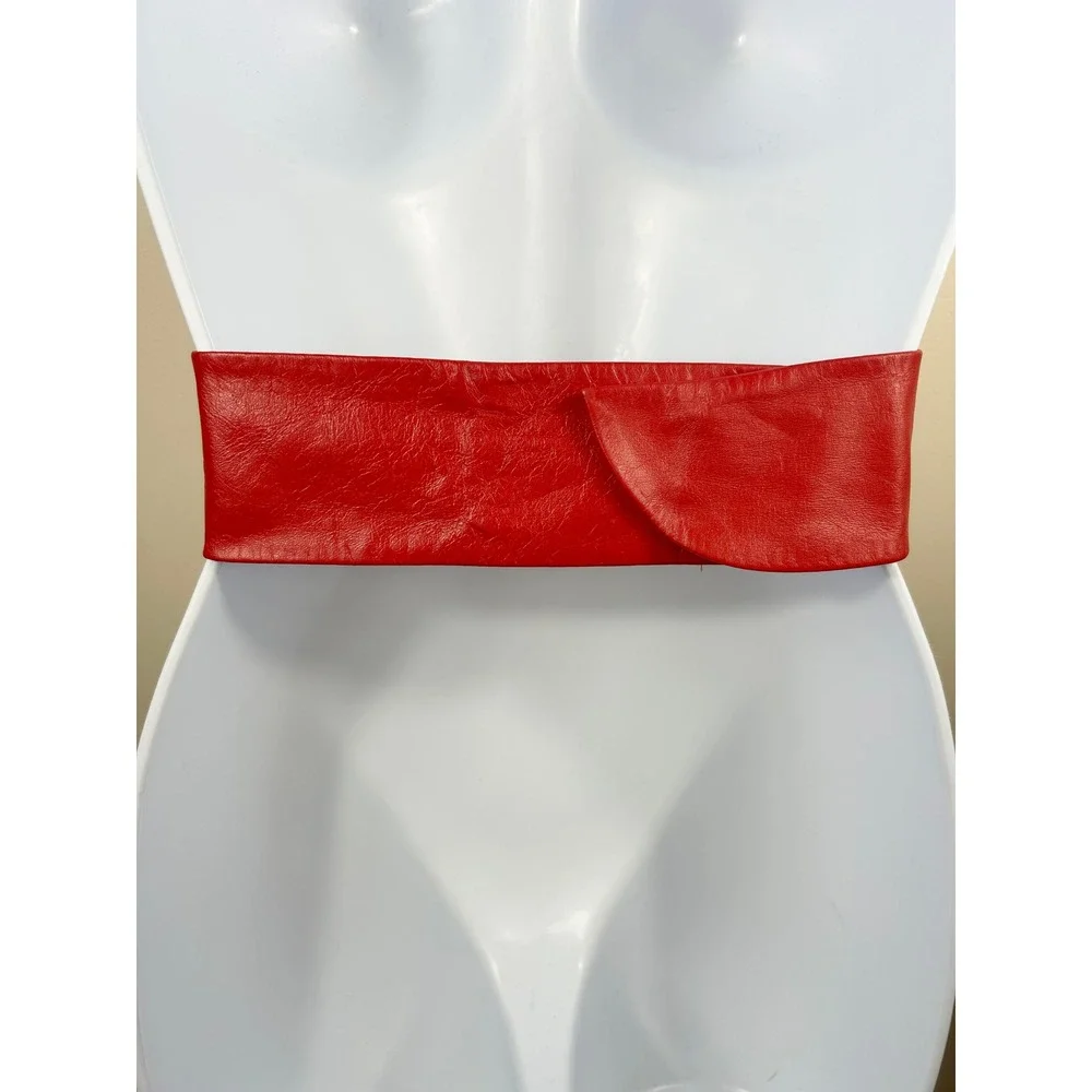 VTG St Michael Leather Belt Women 25-26 XS Red Wide Cinch Waist Sash UK Chic 90s